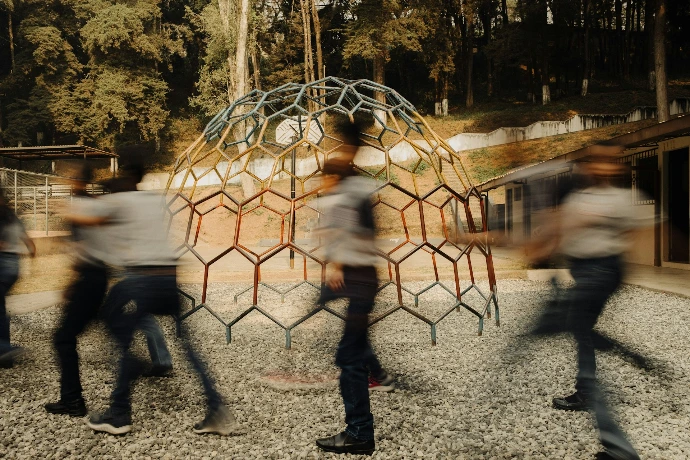 A blurry photo of a group of people walking